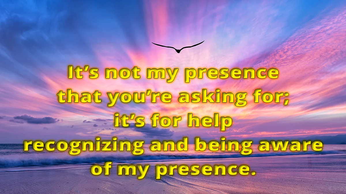 Beach sunset image, It's not my presence that you're asking for; it's for help recognizing and being aware of my presence.